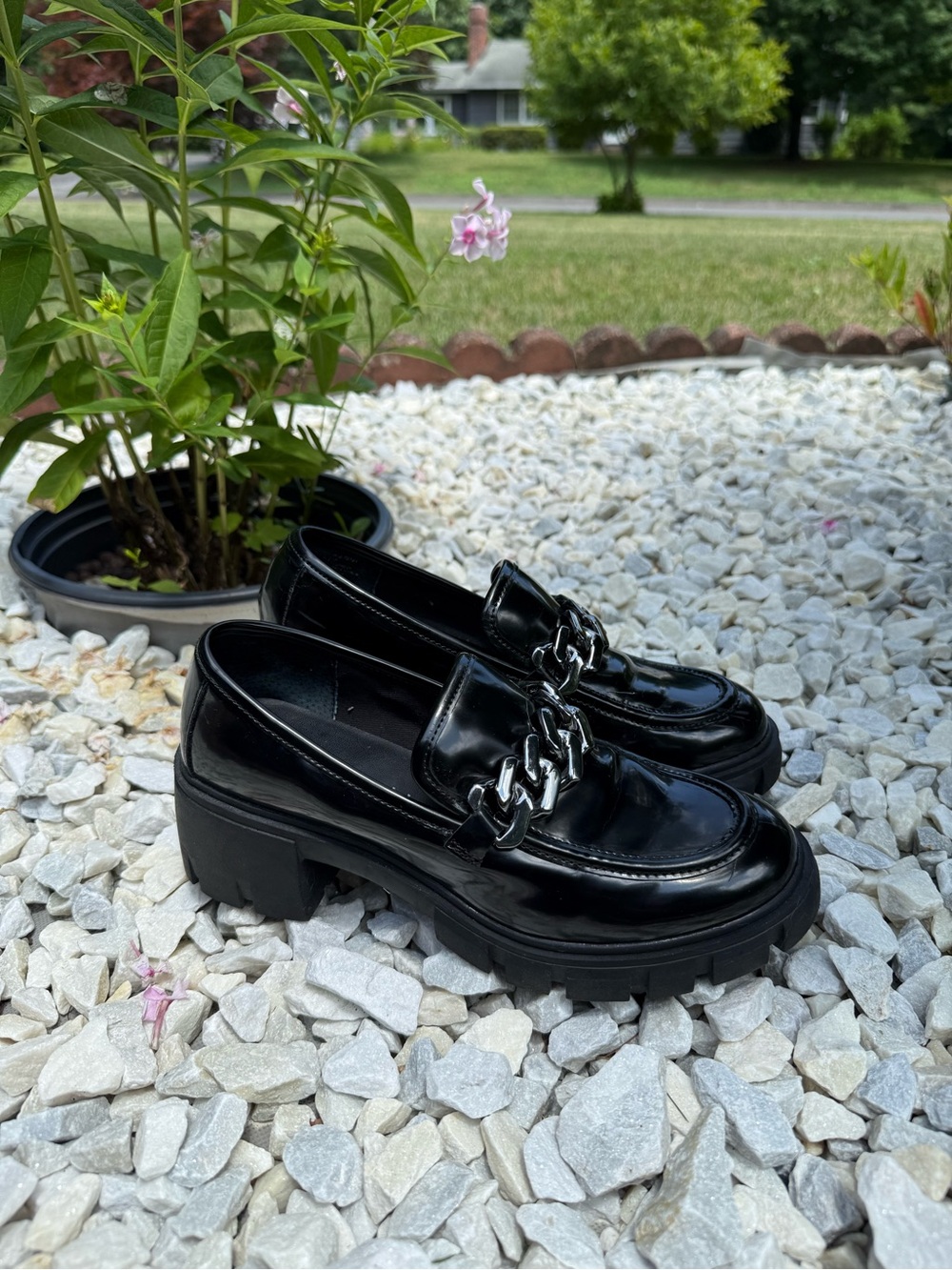 Madden Girl Black Patent Loafers with Silver Chain